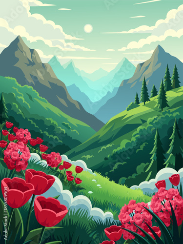 Vector illustration of a serene mountain landscape with vibrant flowers and lush greenery under a cloudy sky