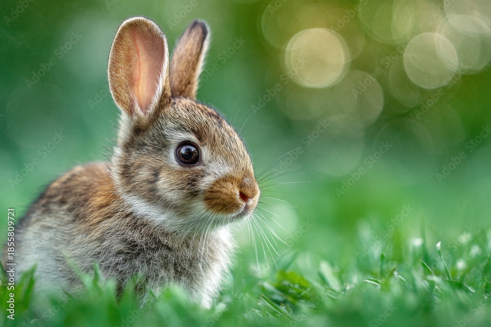 Fototapeta premium Little bunny resting on soft grass with a blurred green background during a sunny day in nature