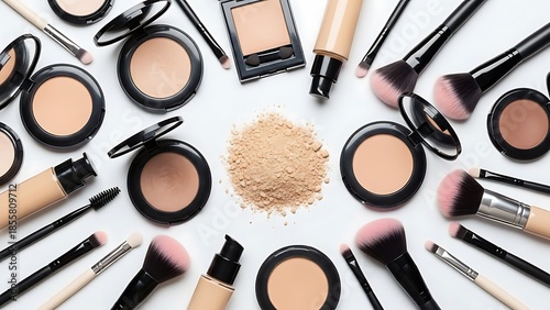 Beige makeup products and brushes on white surface