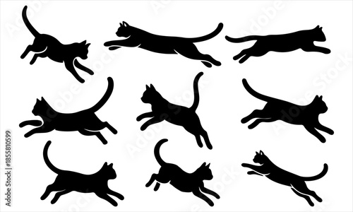 Clean and simple black cat silhouettes capturing dynamic leap and run poses, perfect for modern vector icons, branding, stickers, and animated graphic projects with transparent background. 