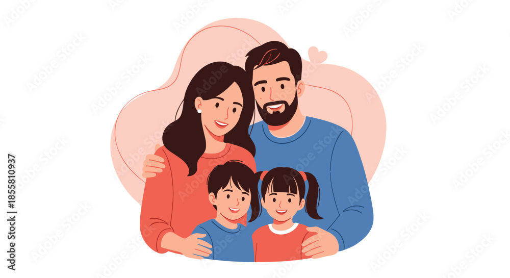 Obraz premium Loving family of four with a mother father son and daughter smiling together in a warm and happy group portrait illustration.