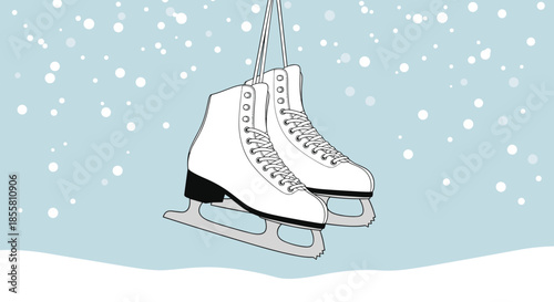 Elegant pair of white figure skates hangs ready for winter fun against a snowy blue background with falling snowflakes all around.