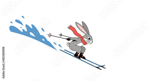 Energetic cartoon rabbit wearing a bright red scarf enjoys skiing downhill at high speed in a fun winter sports illustration.