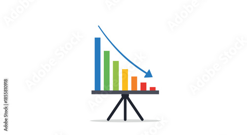 Colorful bar chart on a tripod stand shows a downward trend with a blue arrow indicating financial decline or a business recession.