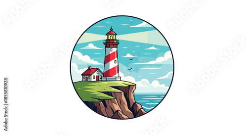 Iconic red and white striped lighthouse on a green cliff by the sea is featured in a bright and cheerful circular cartoon icon.