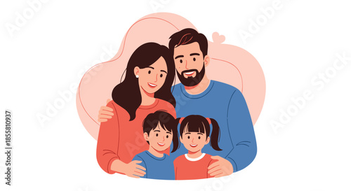 Loving family of four with a mother father son and daughter smiling together in a warm and happy group portrait illustration.