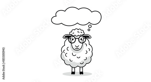 Smart cartoon sheep wearing glasses and looking thoughtful with a blank thought bubble for your text in a simple line art style.