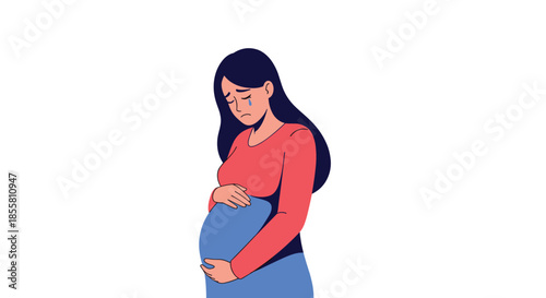 Unhappy pregnant woman crying with a sad expression on her face while holding her belly experiencing prenatal depression concept.