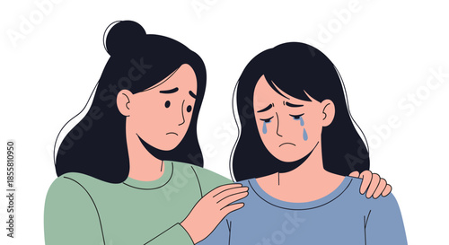 Caring young woman comforts her crying friend by putting a supportive hand on her shoulder showing empathy and friendship.