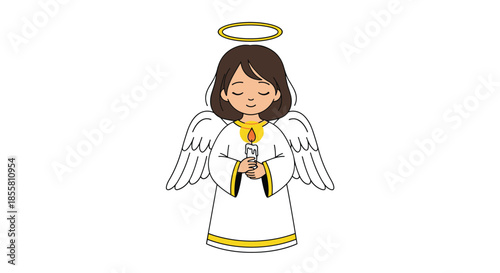 Cute cartoon angel girl with brown hair and a golden halo holds a glowing candle while praying with her eyes peacefully closed.