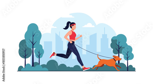 Young athletic woman in sportswear enjoys a morning jog with her adorable dog through a beautiful city park with lush greenery.