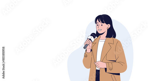 Professional female journalist or reporter in a trench coat speaking into a microphone while conducting an interview or reporting news.