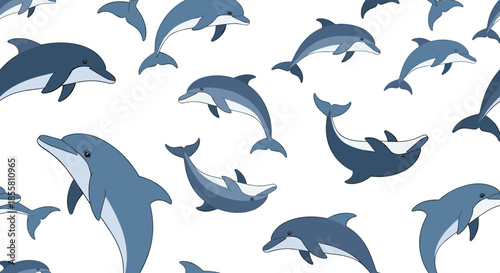 Seamless pattern background with many cute cartoon dolphins jumping and swimming in different poses on a plain white backdrop.