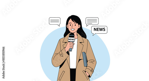 Professional female journalist in a trench coat holds a microphone with the word news on it ready to report a live story.
