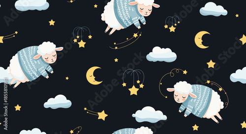 Seamless celestial pattern with cute sleeping sheep in sweaters floating among clouds stars and moons on a dark night background.