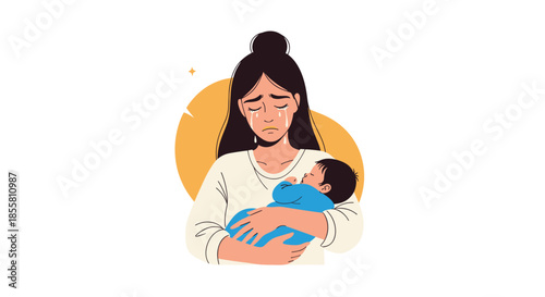 Young mother with tears on her face holds her newborn baby experiencing postpartum depression or maternal mental health issues.