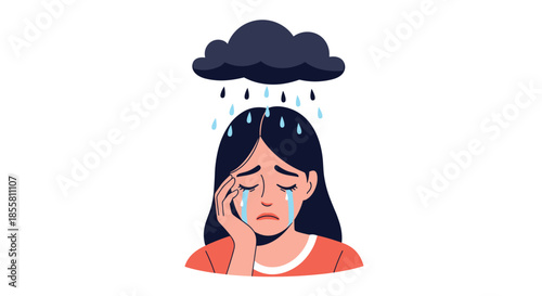 Depressed young woman is crying under a dark raining cloud which symbolizes her sadness grief and mental health problems.