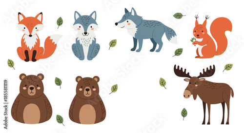Adorable set of cute scandinavian style forest animals including a fox wolf bear squirrel and moose surrounded by green leaves.