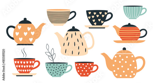 Collection of cute and colorful teapots and cups with various patterns perfect for a tea party or a cozy afternoon break.