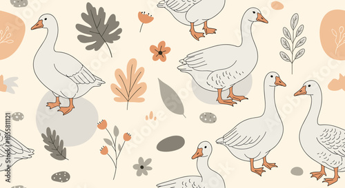 Seamless autumn pattern with cute hand-drawn geese leaves and flowers in a gentle and rustic scandinavian style design.