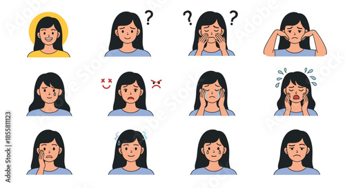 Set of twelve different facial expressions of a young woman showing a wide range of emotions from happy to angry and sad.