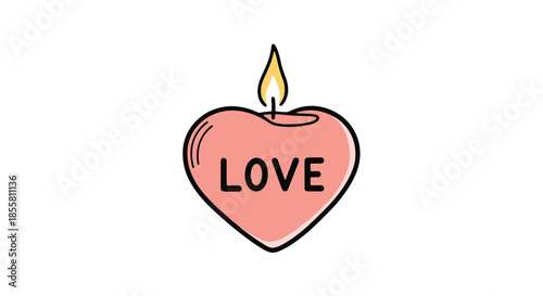 Cute and simple cartoon illustration of a pink heart-shaped candle with a lit flame and the word love written on its side.