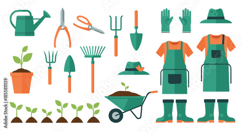 Large set of colorful gardening tools and equipment including a watering can gloves boots and plants for your garden work.