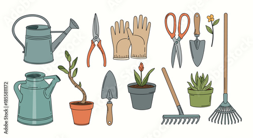 Set of hand-drawn gardening tools and elements including watering cans potted plants gloves and shovels in a cute doodle style.