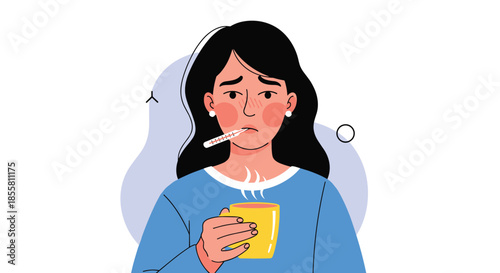 Sick young woman with a fever is measuring her temperature with a thermometer and holding a hot drink to feel better.