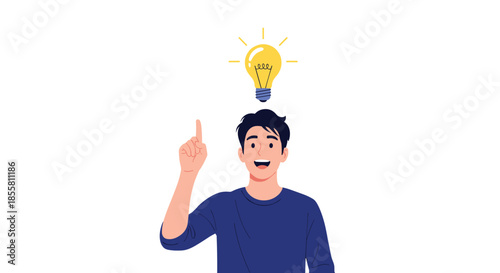 Happy young man points his finger up as a bright yellow lightbulb appears above his head symbolizing a great new idea.