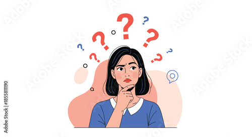 Puzzled young woman is thinking with many question marks above her head trying to find a solution to a difficult problem.