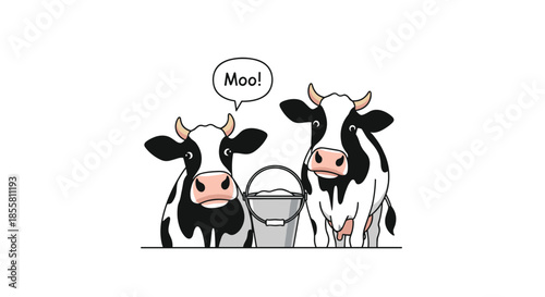 Two cute black and white cartoon cows are standing next to a metal bucket full of fresh milk one of them is saying moo.