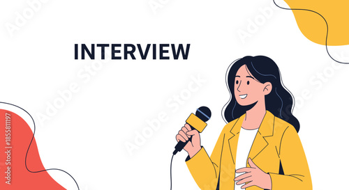 Female journalist or reporter with a microphone is conducting an interview for a news broadcast or a television talk show.