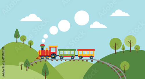 A colorful cartoon toy train with steam puffing from its chimney travels through a beautiful landscape of green rolling hills.