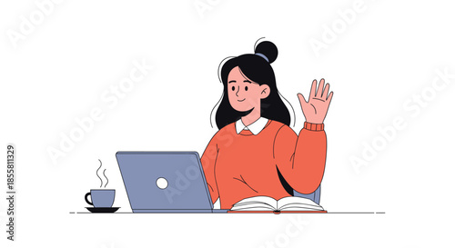 A friendly young woman sitting at her desk with a laptop and coffee waving hello during a video call or online meeting.