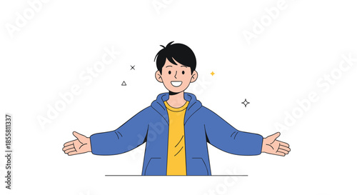 A happy and friendly young man with black hair wearing a blue hoodie with his arms wide open in a welcoming gesture.