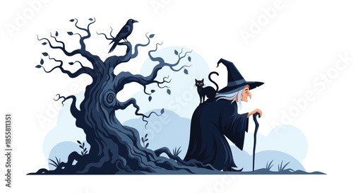 A spooky Halloween scene with an old witch a black cat on her shoulder and a raven perched in a gnarled dead tree.