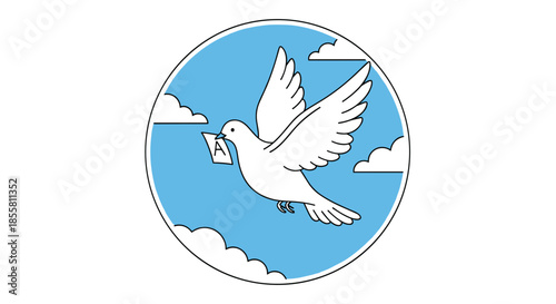 A white peace dove or pigeon flying through a blue sky with clouds while carrying a letter in its beak inside a circle.