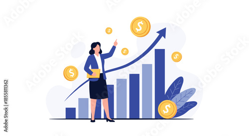 A successful businesswoman pointing to a rising bar graph which represents financial growth profit and a sound investment strategy.