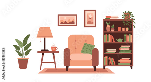 A cozy reading nook interior with a comfortable armchair a bookshelf full of books a lamp and potted plants on white.