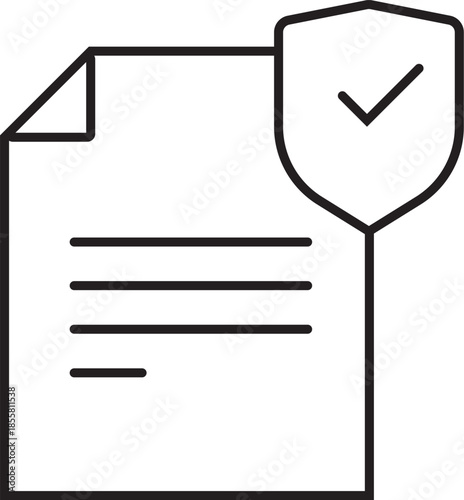 A line art icon depicting a secure document with a protective shield and checkmark, symbolizing data safety and verification for business operations.