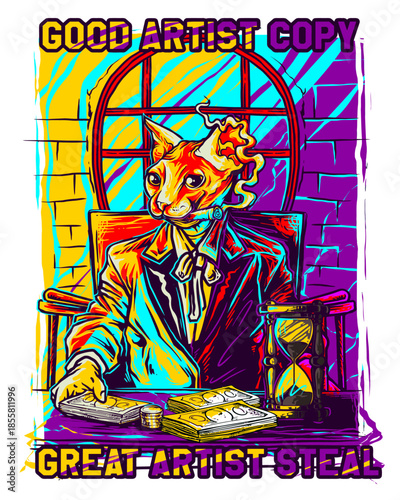 Pop Art Cat Artist Illustration with Creative Quote Design