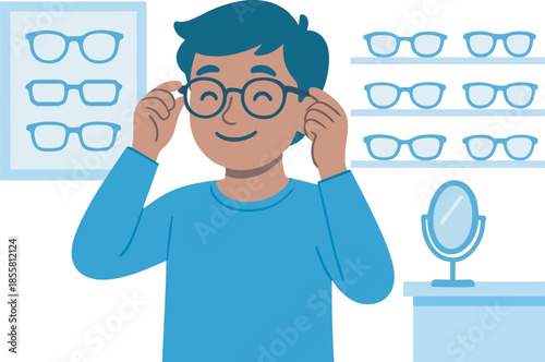 Vision of Clarity A person finding the perfect glasses, enhancing their view with a clear and happy vision.