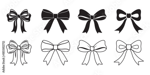 Eight bow tie illustrations in black and white outlines and silhouettes