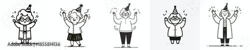 vector line art of a grandmother stand waving her hand wearing a party hat