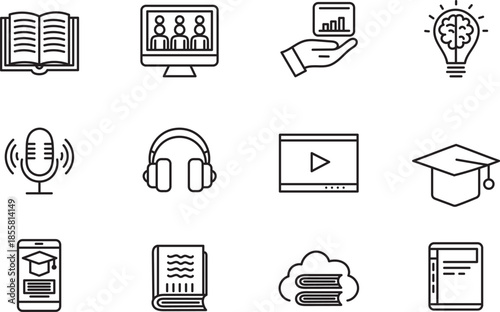 Hand drawn education and learning line icons set with books, online study, knowledge and academic symbols