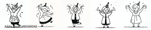 vector line art of a grandmother stand waving her hand wearing a party hat