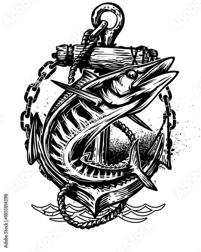Vintage Fishing Anchor with Marlin Fish Vector T-Shirt Design