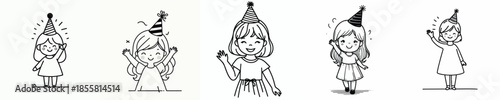 vector line art of a little girl waving her hand wearing a party hat