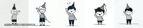 vector line art of a little boy stand waving his hand wearing a party hat